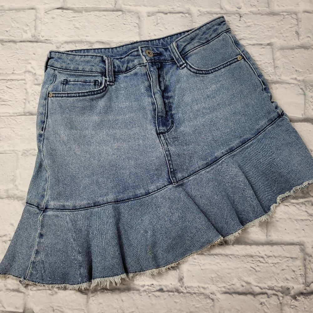 Arizona Jean Co Asymmetrical Ruffle Denim Jeans Skirt Raw Hem Stretch size 9